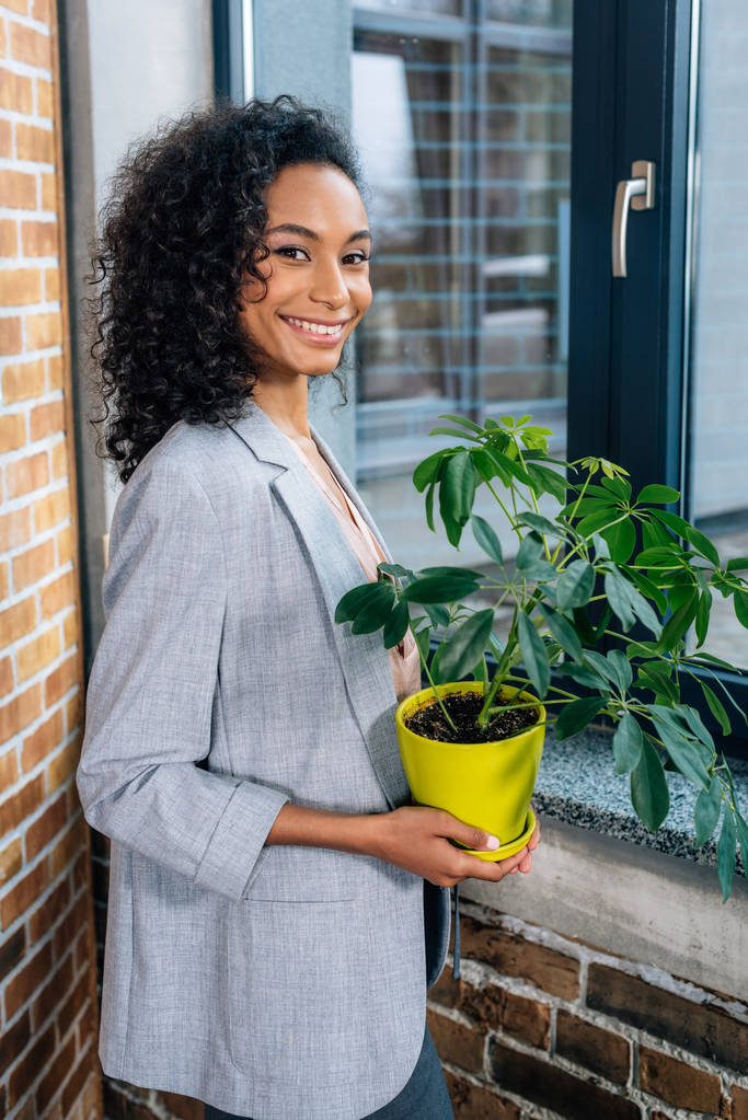 ロフトオフィスで植物と植木鉢を持つ笑顔のアフリカ系アメリカ人カジュアルビジネスウーマン - 写真・画像