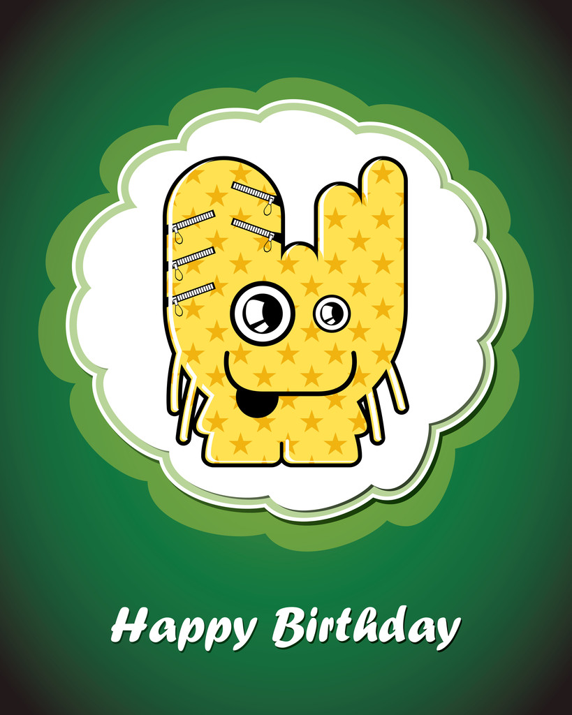 Cartão de aniversário feliz com monstro bonito dos desenhos animados
 - Vetor, Imagem