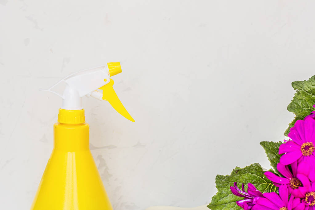 Eenvoudige gele kunststof hand spray fles op grijze achtergrond. - Foto, afbeelding