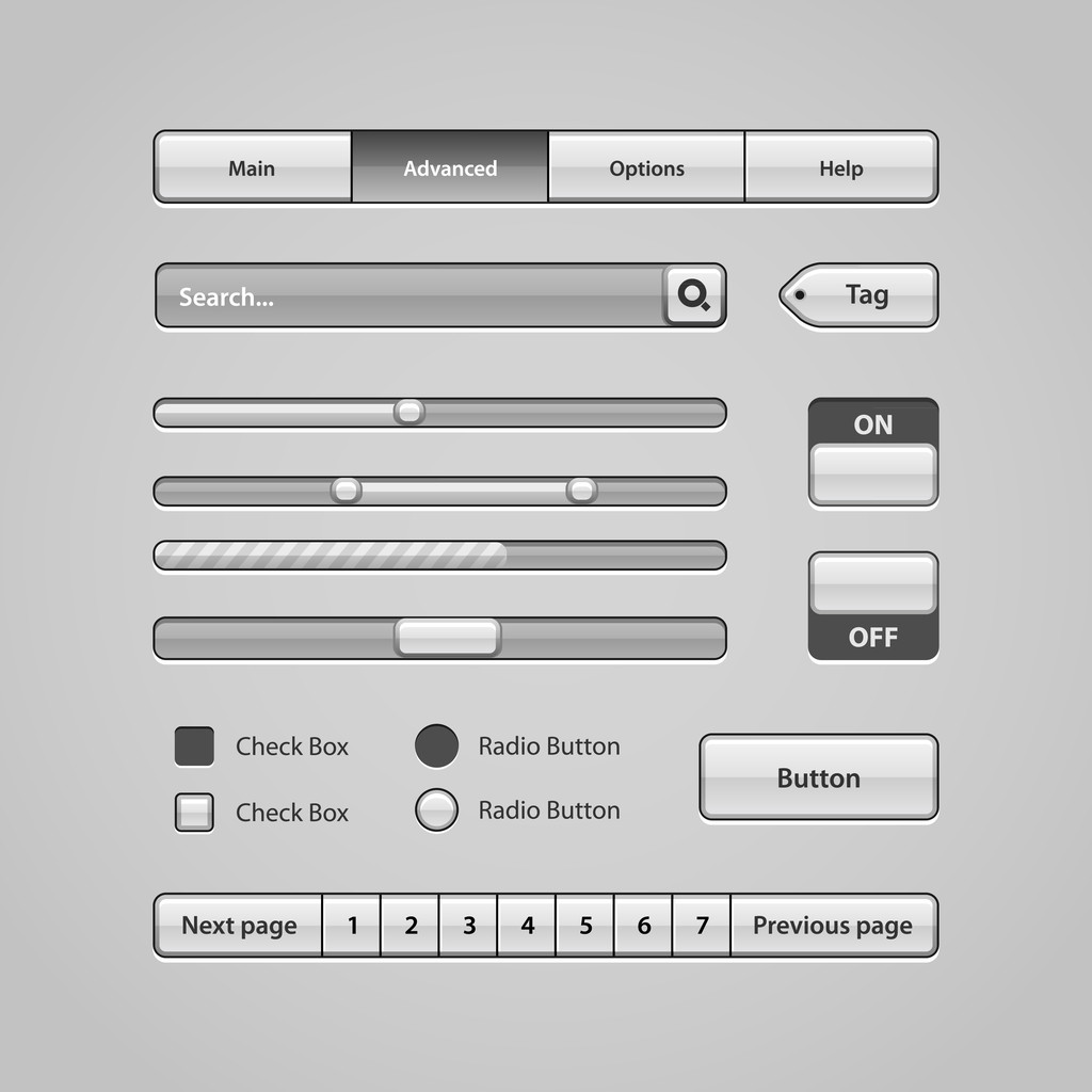 Clean Light User Interface Controls 7. Web Elements. Website, Software UI: Buttons, Switchers, Pagination, Navigation Bar, Menu, Search, Levels, Progress, Scroller, Check Box, Radio Button, Tag - Vector, Image