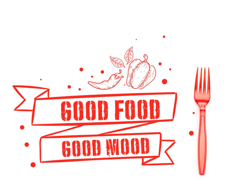 tenedor brillante plástico rojo cerca de buena comida letras de buen humor aislado en blanco
  - Foto, imagen