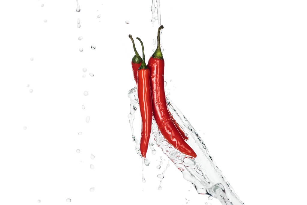 bright spicy red chili peppers with clear water splash and drops isolated on white - Photo, Image