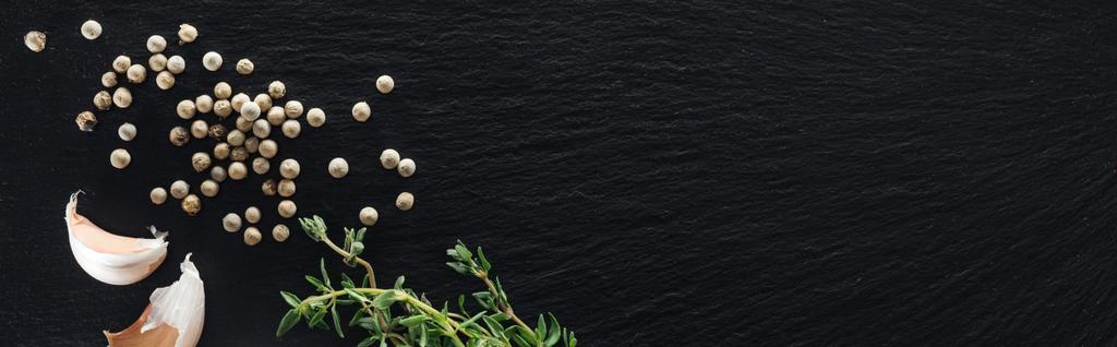 panoraama laukaus valkoista pippuria mustalla pohjalla lähellä valkosipulin Mausteneilikka ja timjami
 - Valokuva, kuva