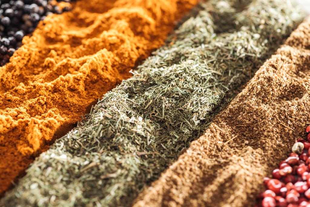 close up view of traditional bright indian spices in rows - Photo, Image