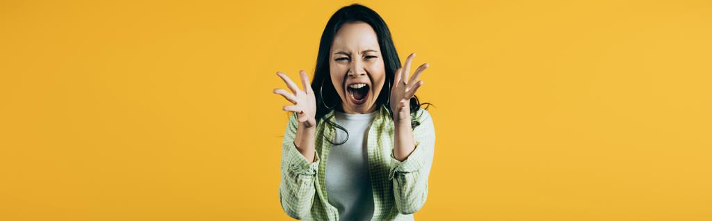 сердитая азиатка жестикулирует и кричит изолированно на желтый
 - Фото, изображение