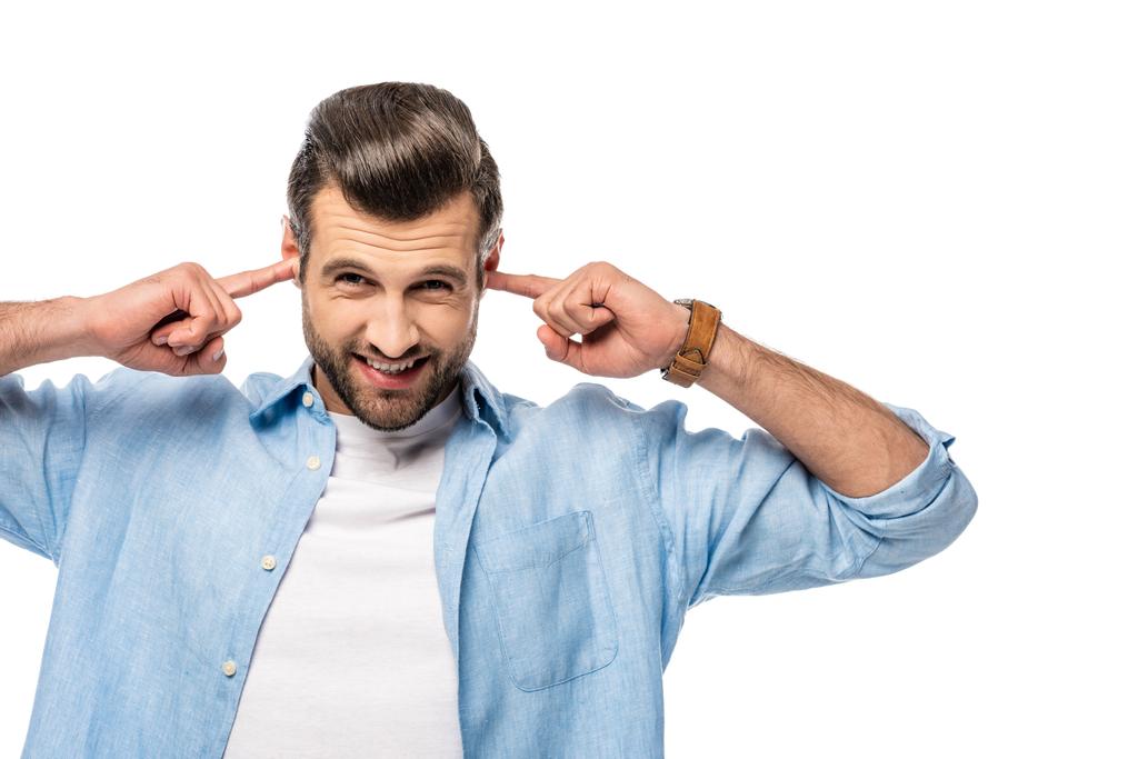 homem tapando orelhas com dedos Isolado em branco
 - Foto, Imagem