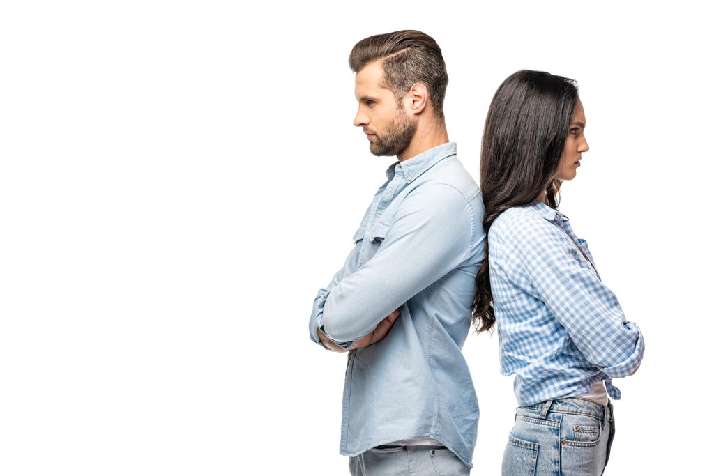 upset man and young woman standing back to back with crossed arms Isolated On White - Photo, Image