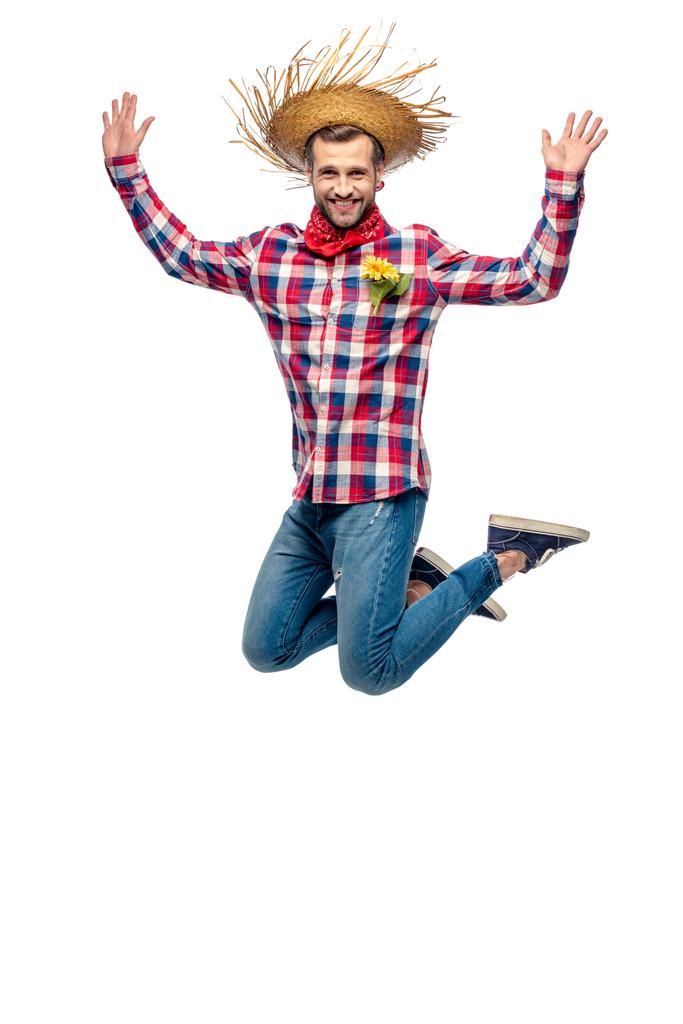 felice uomo in paglia cappello saltando con le mani alzate isolato su bianco
 - Foto, immagini