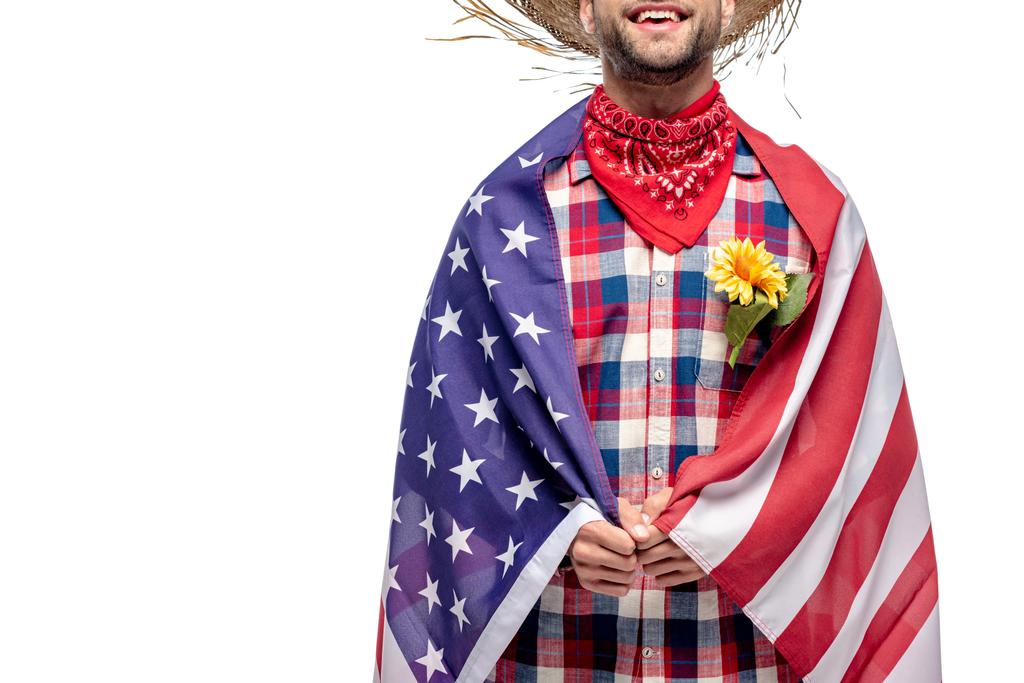 Vista recortada del hombre con girasol en bolsillo cubierto de bandera americana aislado en blanco
 - Foto, Imagen
