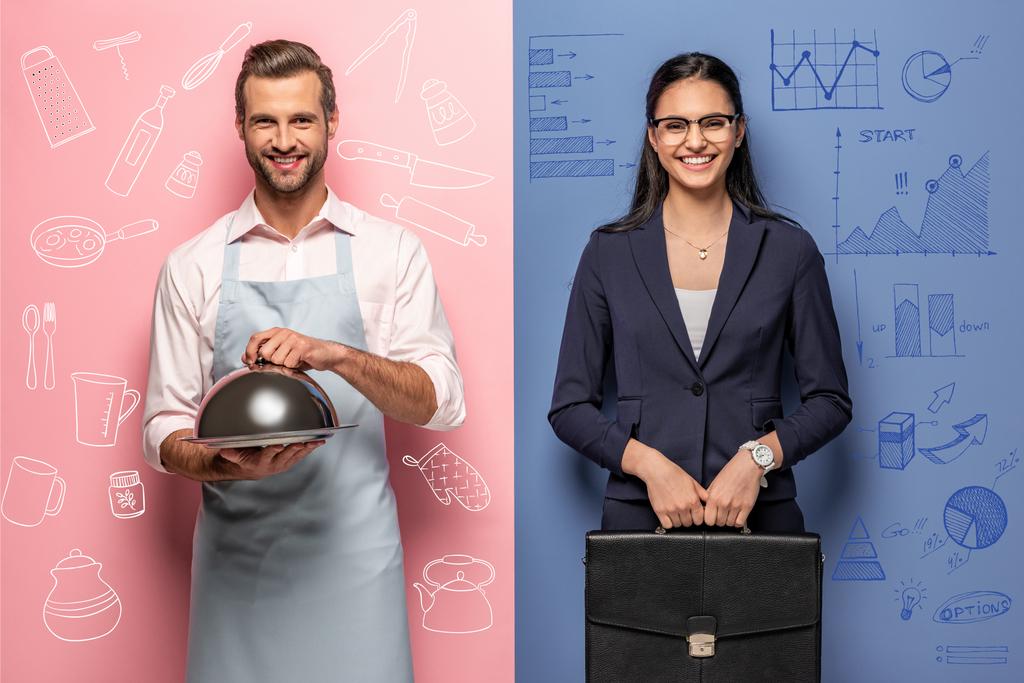 усміхнений чоловік в фартусі з подачею лотка і бізнес-леді з портфелем на синьому і рожевому
 - Фото, зображення