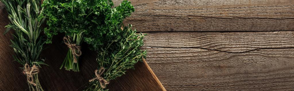 panoramic shot of green rosemary, parsley and thyme on chopping board on wooden weathered table with copy space - Photo, Image