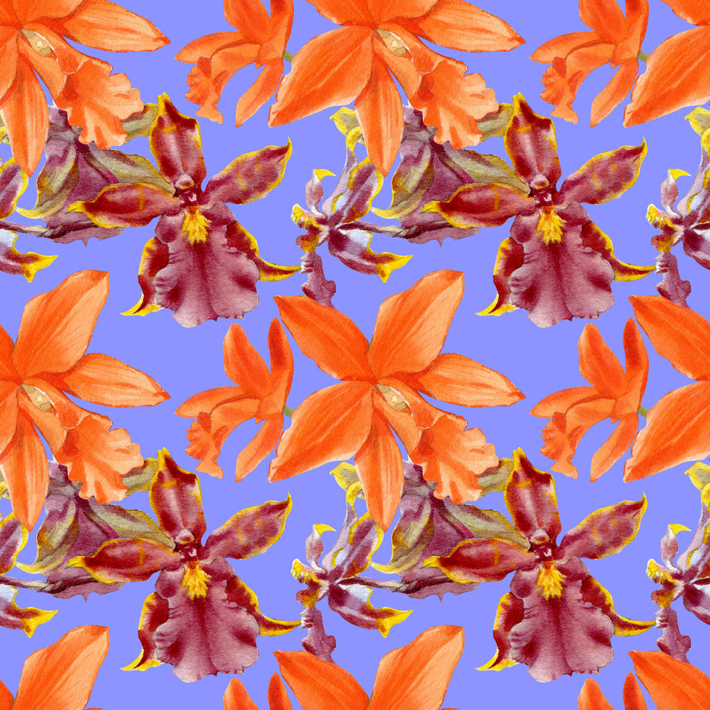 Orchidee aquarel illustraties geïsoleerd op kleur achtergrond. Naadloos patroon met kleurrijke orchidee. - Foto, afbeelding