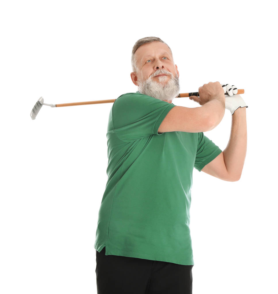 Senior férfi golfozni a fehér háttér - Fotó, kép