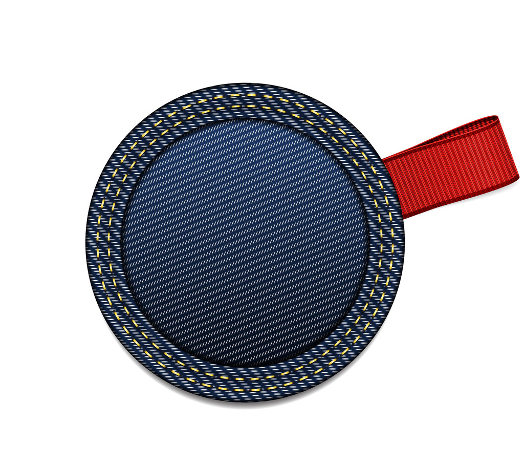 ベクトル円形赤いリボン タグ付き青デニム生地バッジ - ベクター画像