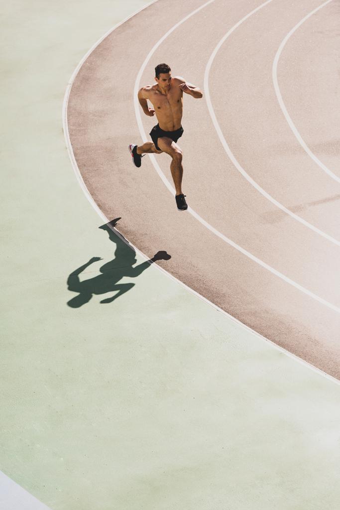 スタジアムで走る混合レーススポーツマンのオーバーヘッドビュー - 写真・画像