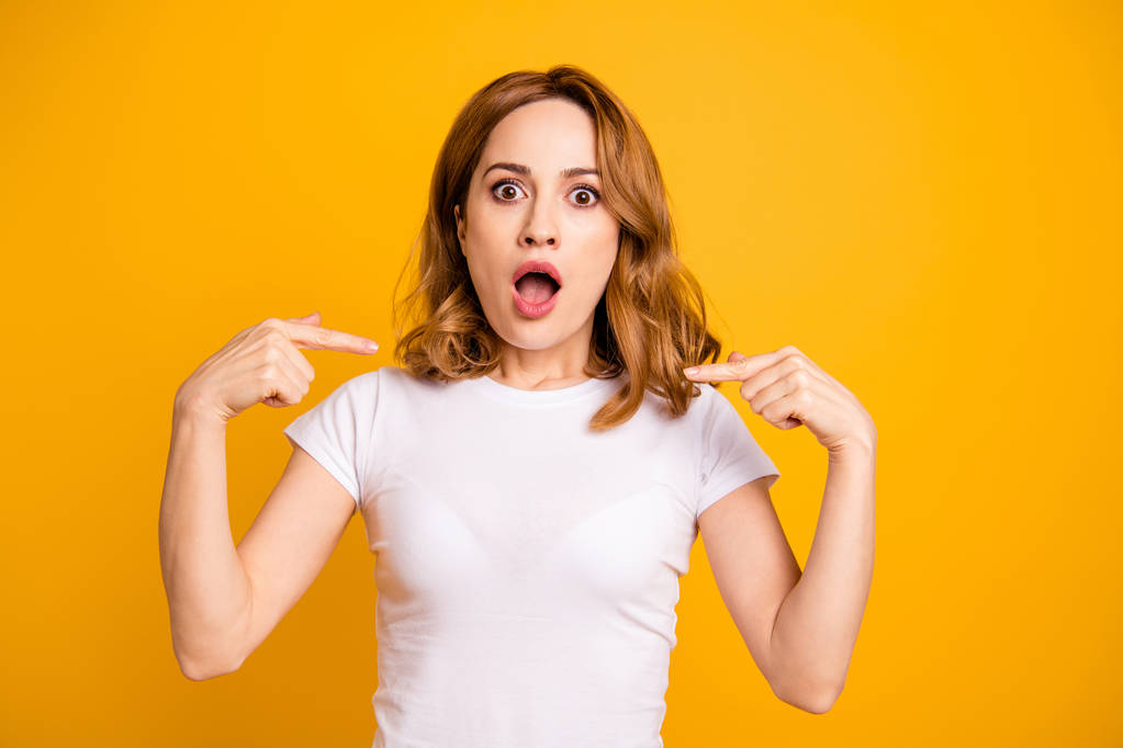 Close up photo beautiful she her lady yell shout scream raised arms hands index fingers direct not my fault chest oh no expression open mouth wear casual white t-shirt isolated yellow background - Photo, Image