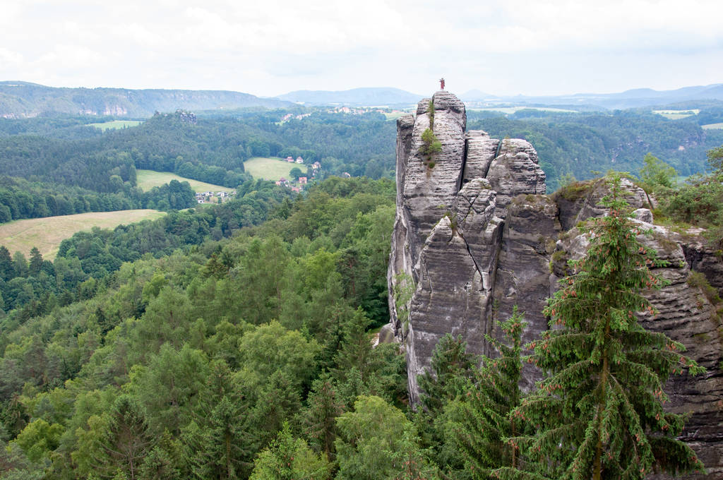 Mountain landscape of Saxon Switzerland. Forest-covered rocks. River valley. Aerial view - Photo, Image