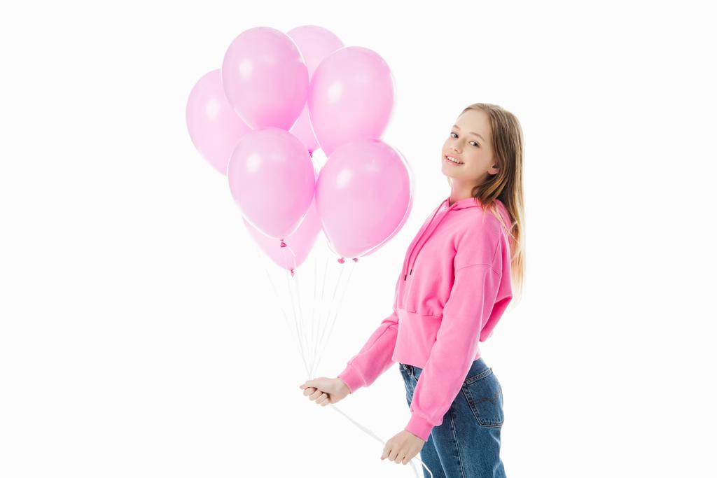 heureux adolescent fille avec rose ballons regarder caméra isolé sur blanc
 - Photo, image