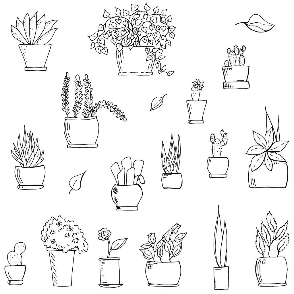 Set di fiori disegnati a mano monocromatici in vaso illustrazione vettoriale
 - Vettoriali, immagini
