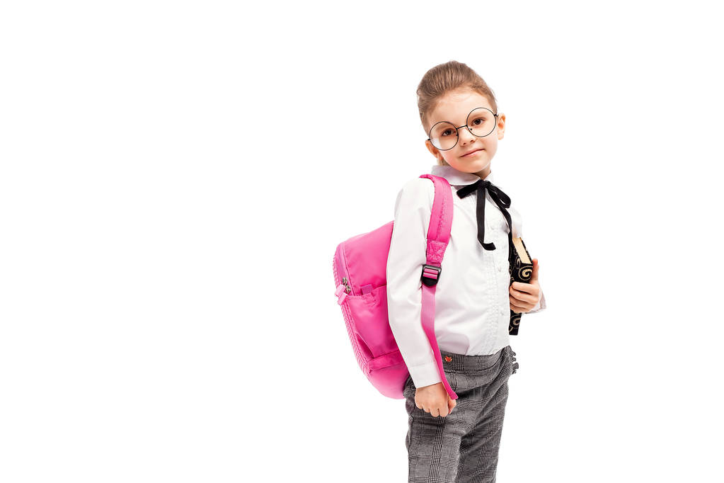 Gyermek schoolbag. Lány rózsaszín iskolai zsák izolált pünkösa - Fotó, kép