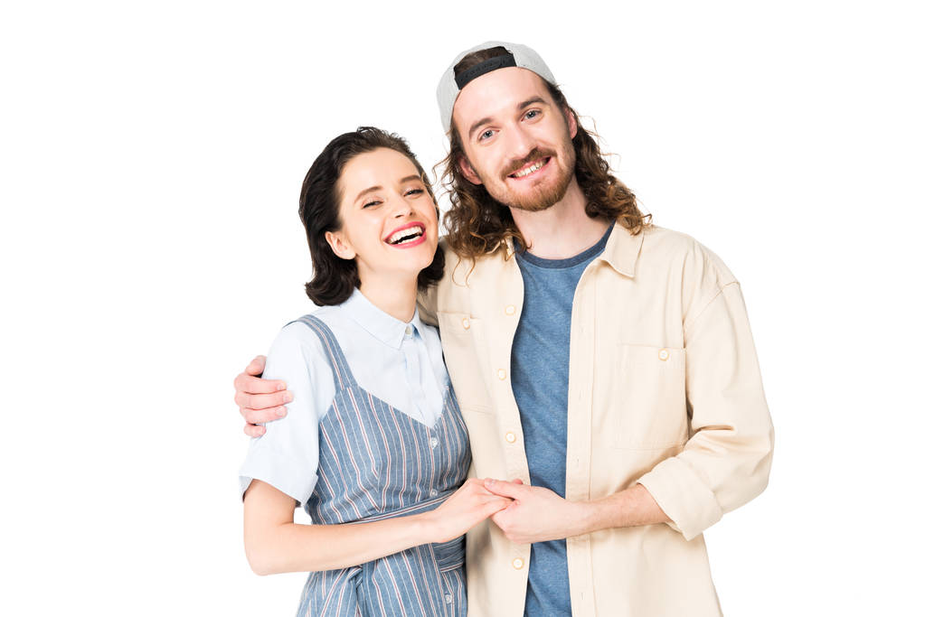młody mężczyzna i dziewczyna przytulanie odizolowany na biały - Zdjęcie, obraz