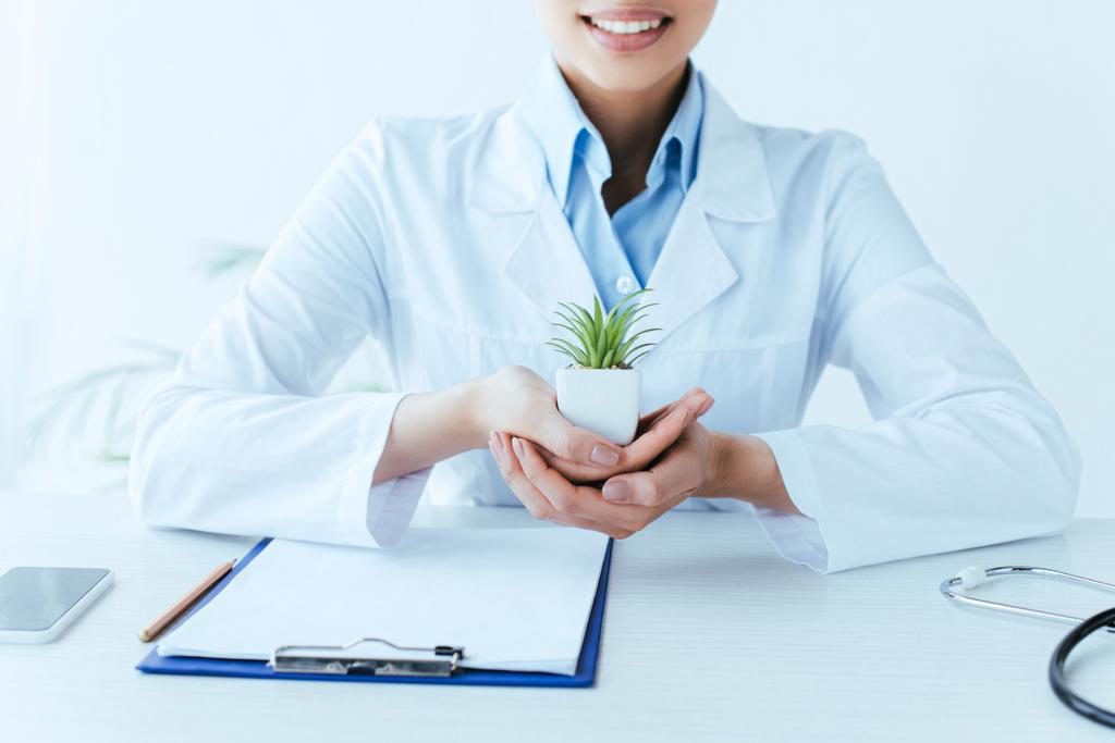частковий вигляд усміхненого латинського лікаря, який тримає рослину з горщиками, сидячи на робочому місці в клініці
 - Фото, зображення