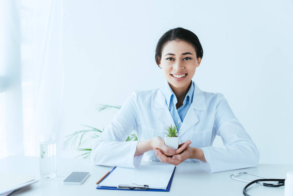atrakcyjny łaciński lekarz trzymając doniczkowa roślina siedząc w miejscu pracy i uśmiechając się do kamery - Zdjęcie, obraz