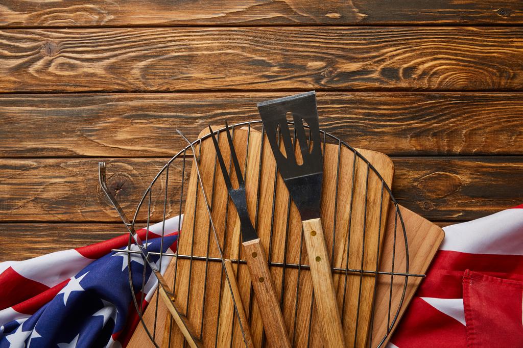 top view of american flag and bbq equipment on wooden rustic table - Photo, Image