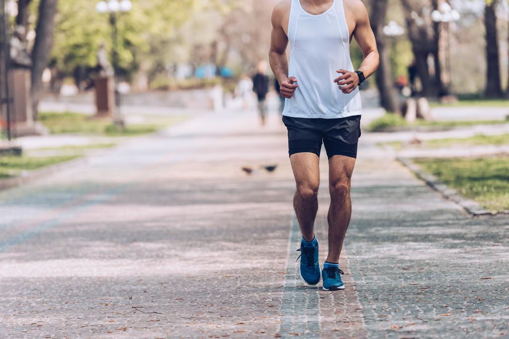 частичный вид человека в спортивной одежде и кроссовках, бегущего по аллее парка
 - Фото, изображение