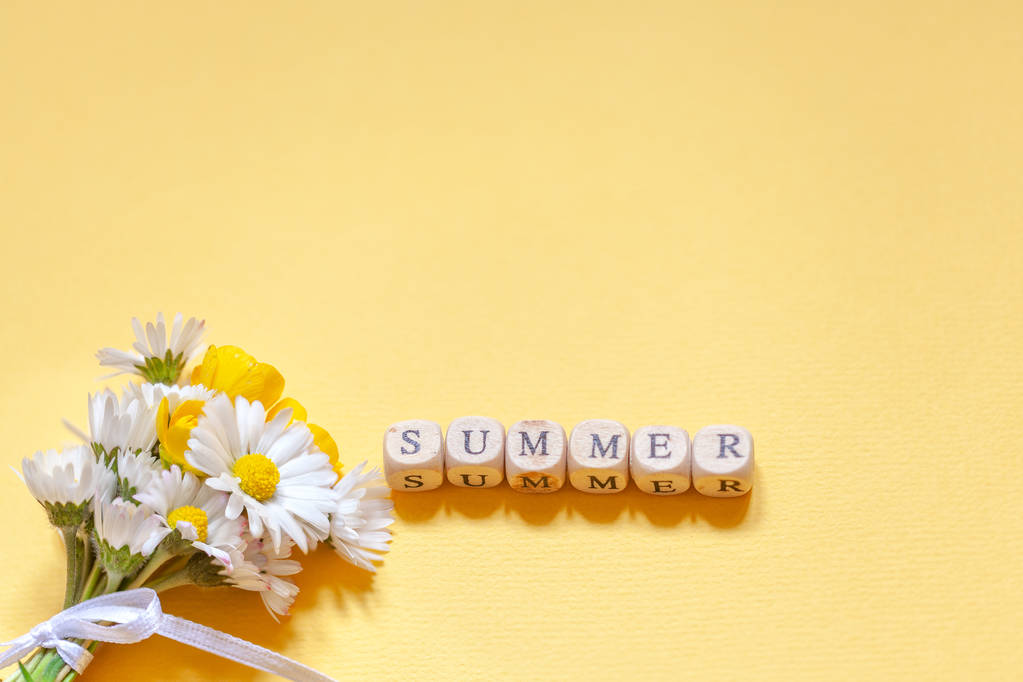 Sarı arka plan üzerinde metin yaz ile Buket çiçek camomila. - Fotoğraf, Görsel