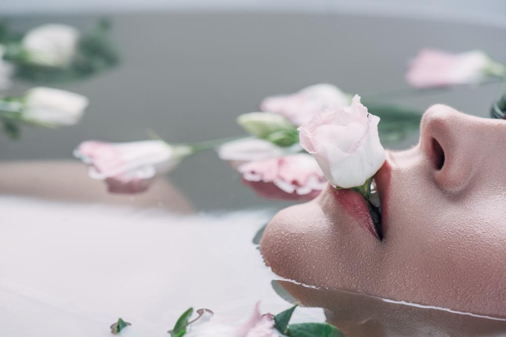osittainen näkymä kaunis nainen makaa kirkkaassa vedessä ruusu suussa
 - Valokuva, kuva