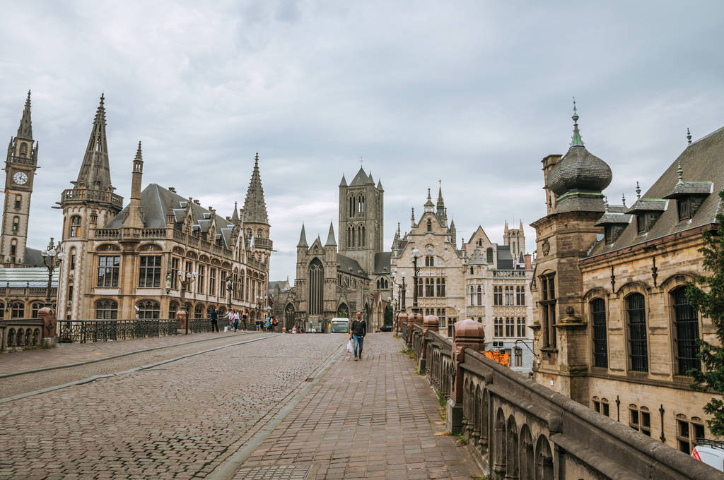 St. Michael Bridge, churches and Gothic buildings in Ghent - Photo, Image