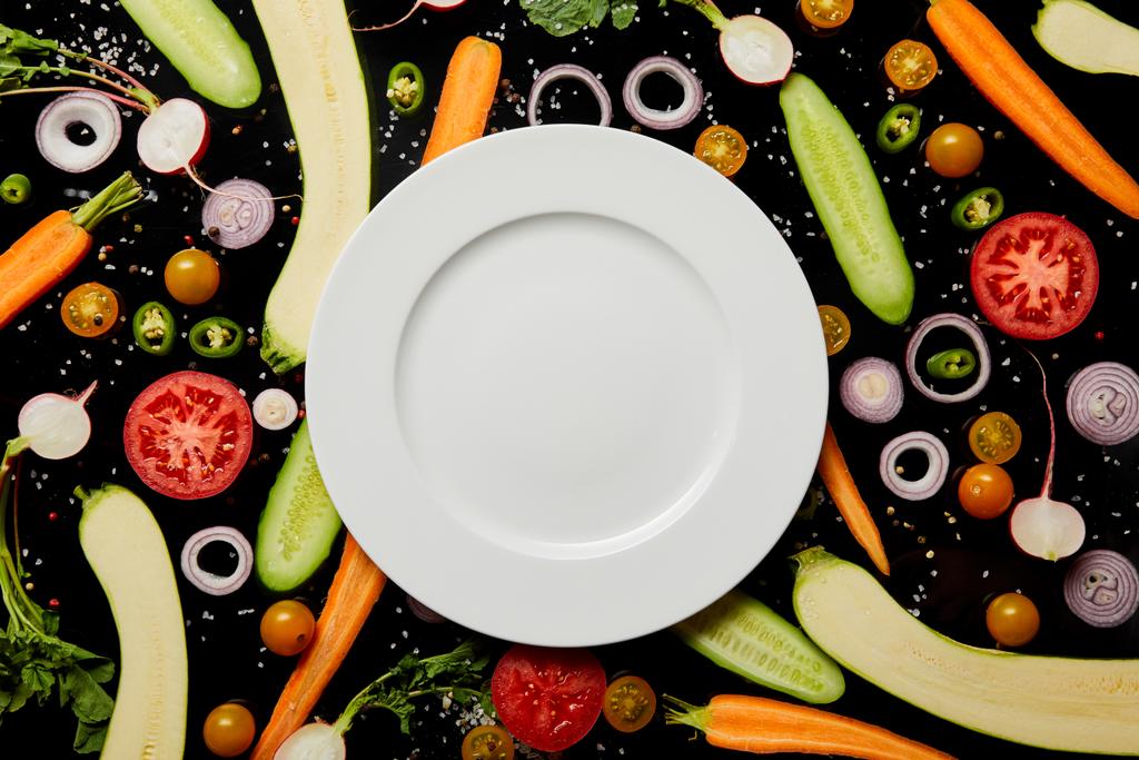 Draufsicht auf leeren runden Teller auf Gemüsemuster Hintergrund isoliert auf schwarz - Foto, Bild