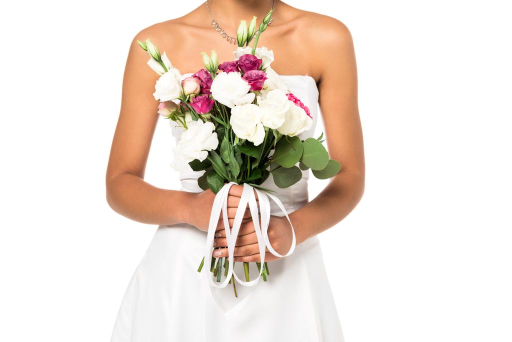 cropped view of african american bride holding bouquet isolated on white  - Photo, Image