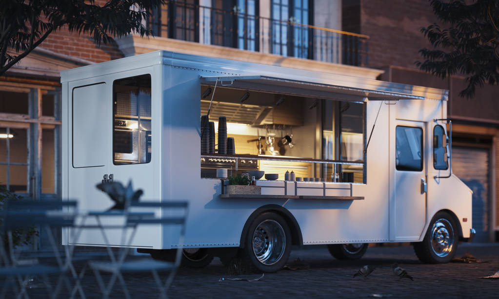 Camião de comida com interior detalhado na rua. Comida Takeaway. Renderização 3d
 - Foto, Imagem