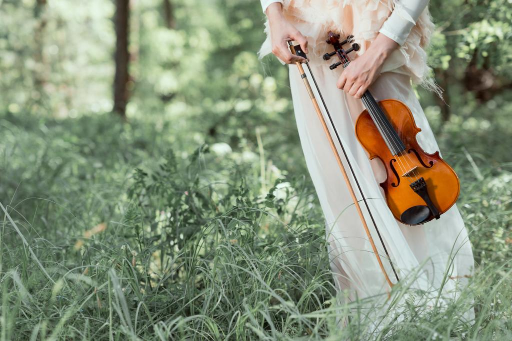 Ausgeschnittene Ansicht einer Frau im weißen Schwanenkostüm, die auf Waldhintergrund steht und Geige hält - Foto, Bild