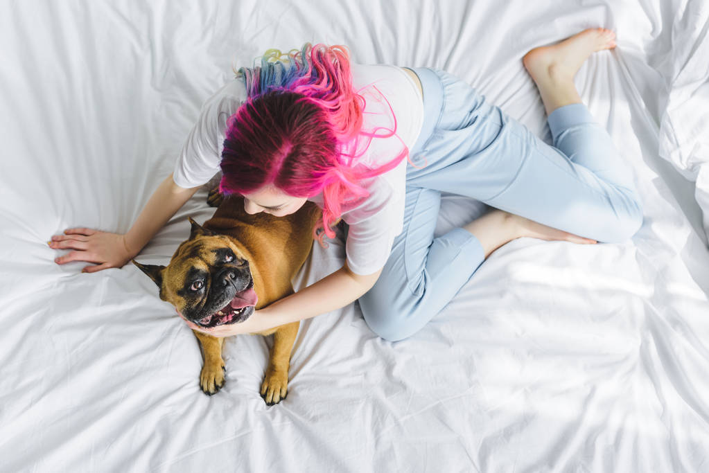 κορυφή θέα του κοριτσιού με πολύχρωμα μαλλιά κάθονται στο κρεβάτι με το σκυλί - Φωτογραφία, εικόνα