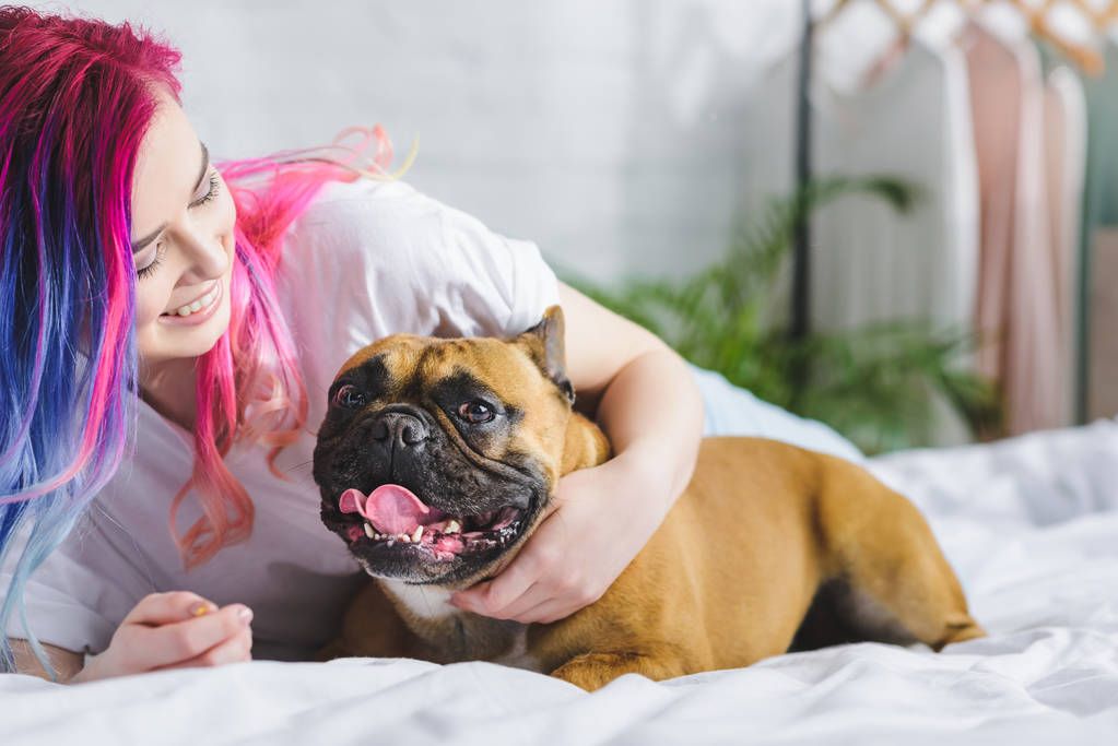 красивая девушка с красочными волосами, лежащая в постели с бульдогом
 - Фото, изображение