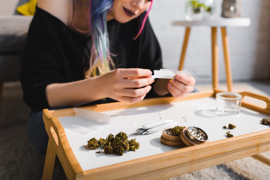 selective focus of girl rolling joint and medical marijuana, joints and herb grinder on table  - Photo, Image