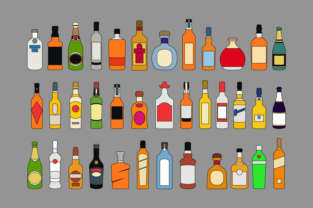 vector botellas de alcohol línea iconos conjunto. bebidas ilustración. Objeto para publicidad y web aislado sobre fondo gris
 - Vector, Imagen
