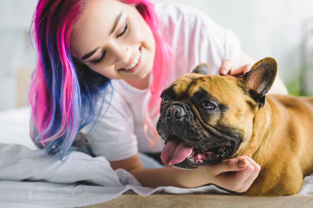 selective focus of girl with colorful hair petting and looking at cute french bulldog while laying in bed - Photo, Image