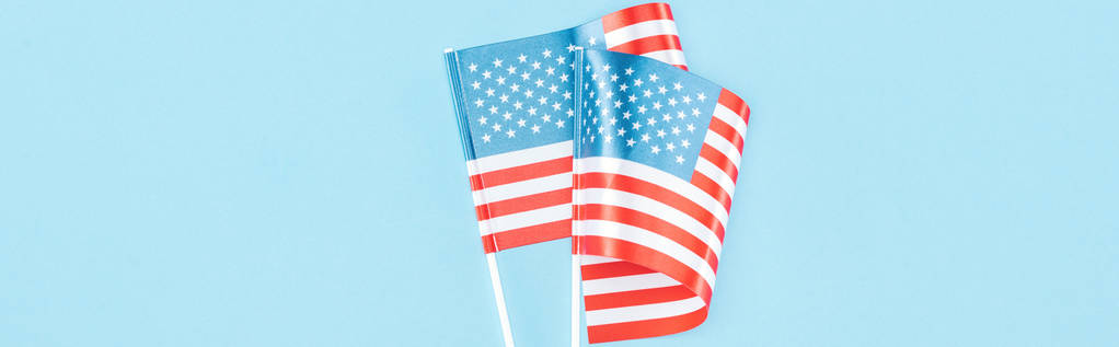 panoramic shot of usa flags on sticks on blue background - Photo, Image
