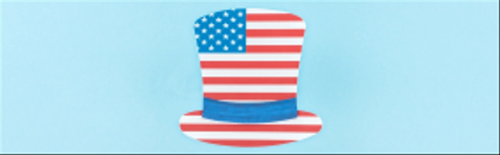 top view of paper cut decorative hat made of american flag on blue background, panoramic shot  - Photo, Image