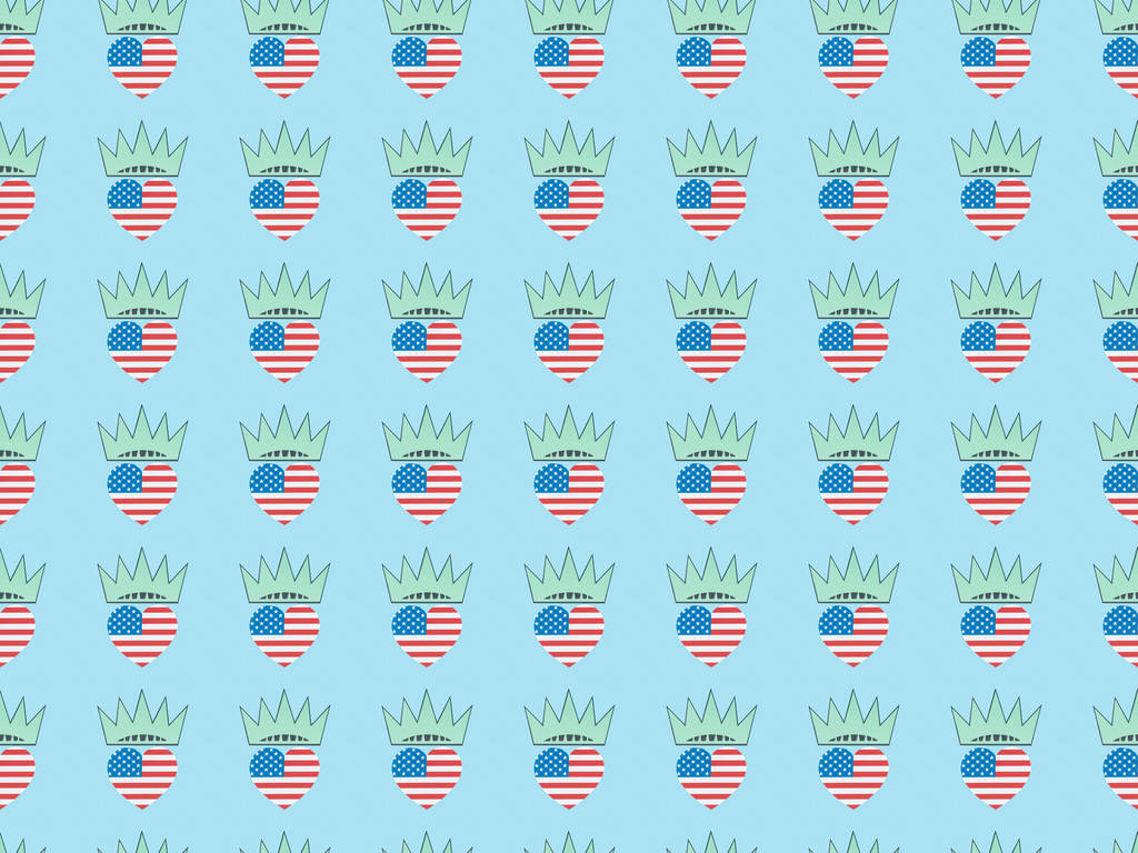 seamless background pattern with hearts made of us national flags and crowns on blue, Independence Day concept - Photo, Image