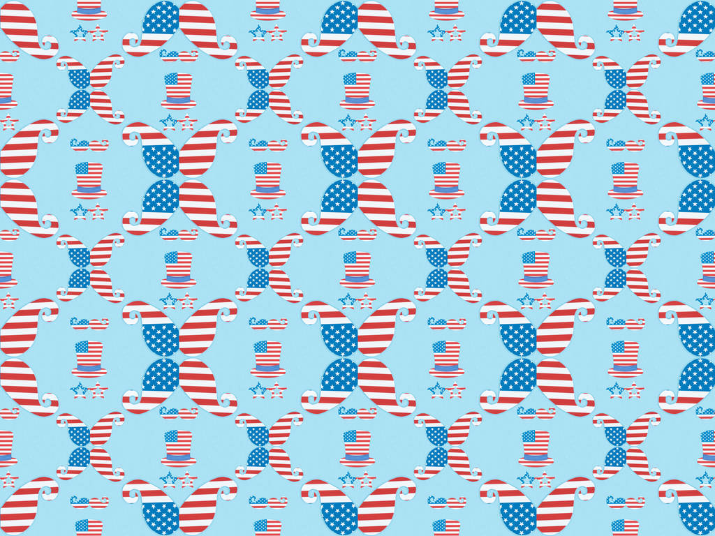 nahtloses Hintergrundmuster mit Schnurrbart, Brille und Hut aus amerikanischen Nationalflaggen auf blau  - Foto, Bild