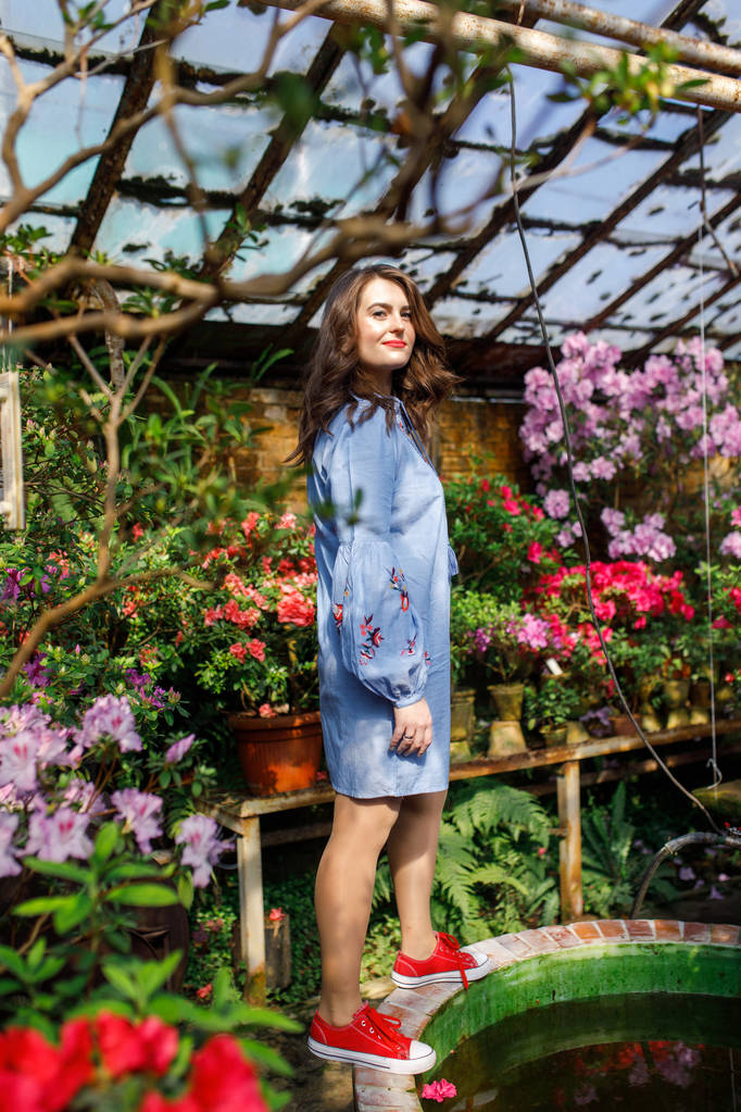 retrato de una joven hermosa mujer en un vestido azul en un hermoso jardín botánico con flores
 - Foto, Imagen