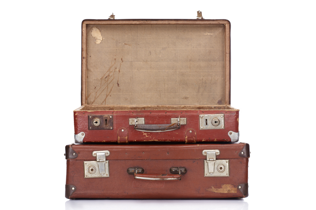 two vintage brown leather suitcases with one opened isolated on white - Photo, Image