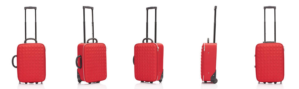 白で隔離されたハンドルを持つ赤い車輪付きテクスチャーカラフルなスーツケースのコラージュ - 写真・画像