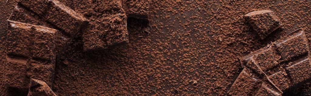 Panoramatický výstřelky z čokolády s kapalnou čokoládou a kakaovým práškem na kovové pozadí - Fotografie, Obrázek