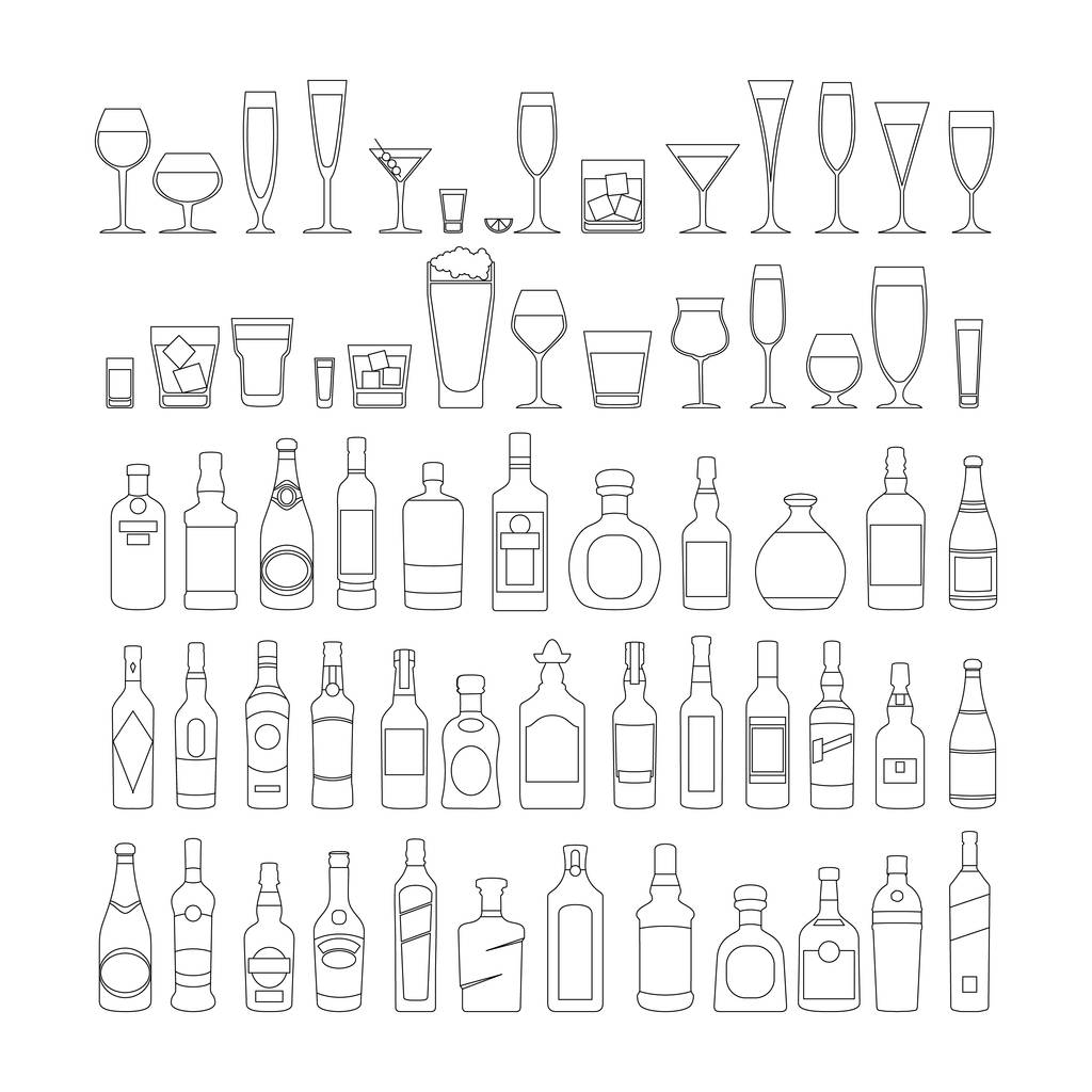 μπουκάλια και γυαλιά γραμμή μαύρο εικονίδιο Set διανυσματική απεικόνιση. Γιορτινή γιορτή. Οινοπνευματώδη ποτά σε λευκό φόντο. - Διάνυσμα, εικόνα